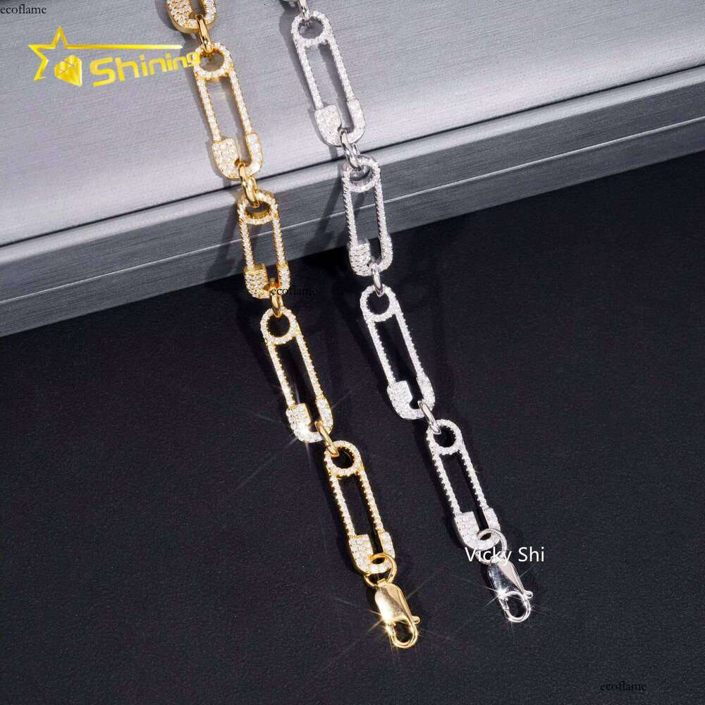 Hip Hop Jewelry Fashion Paper Clip Style Sier Gold Plated Iced Out Moissanite Tennis Bracelet Gifts