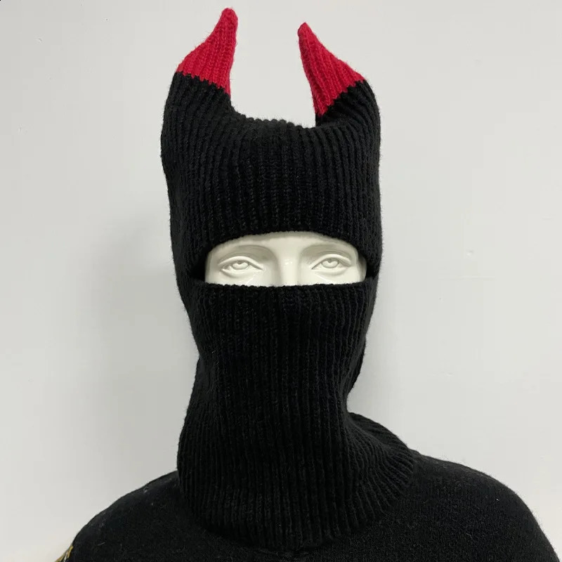 Devil Horn Balaclava Full Face Cover Ski Mask Hats For Women Men Halloween Party Hat Army Tactical Cs Windproof Knit Beanies Cap 250807