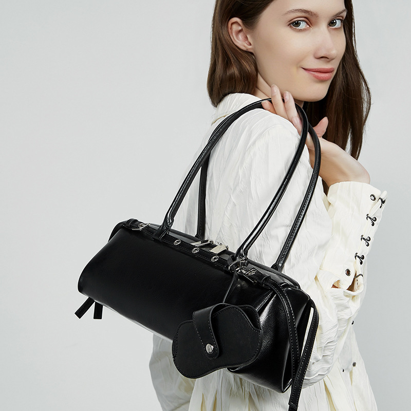 Genuine Leather Niche Biker Style Trendy Cool Belt Decor Handbag New Single Shoulder Underarm Dachshund Baguette Women's Bag