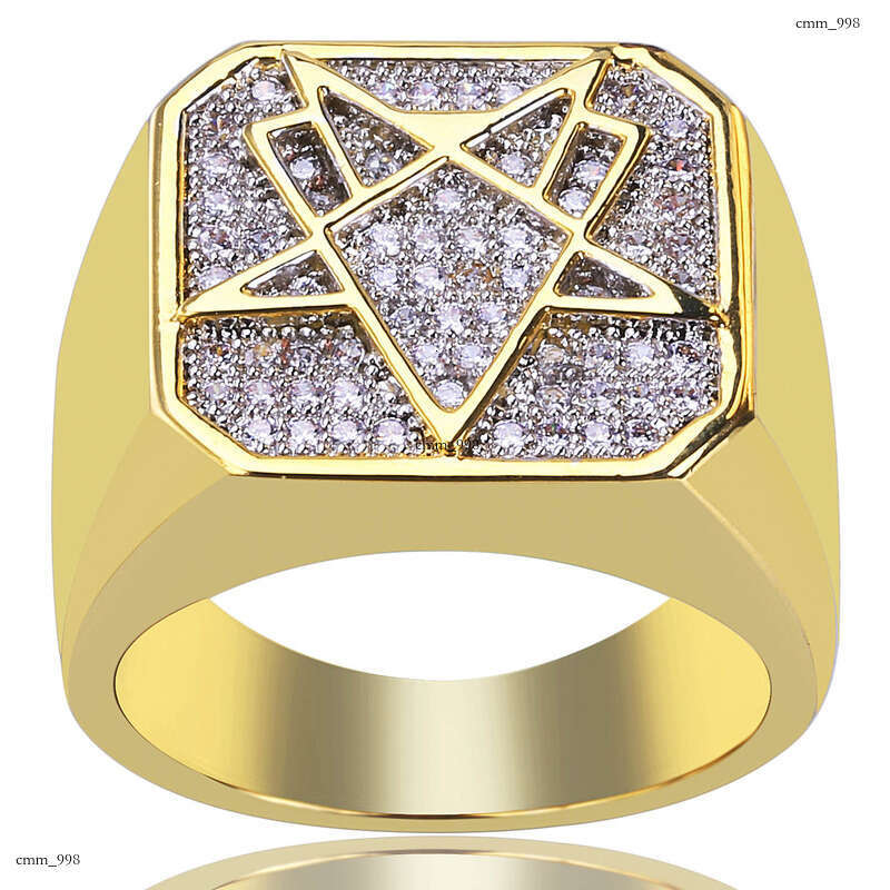Hot Plated Gold Inlaid Zircon Geometric Shape Hip-Hop Men's Ring Trendy Jewelry