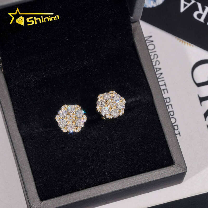 Fine Jewelry Flower Design Screw Back Ear Studs Iced Out Sterling Sier Gold Plated Moissanite Stud Earrings Ready To Ship