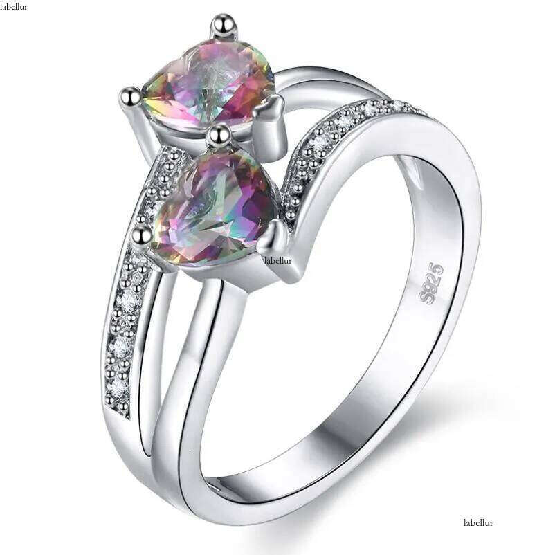 Hot Sell Cute Fashion Jewelry Sterling Sier Double Heart Color Rianbow Gemstones Women Wedding Engagement Band Ring For Lovers' Gift