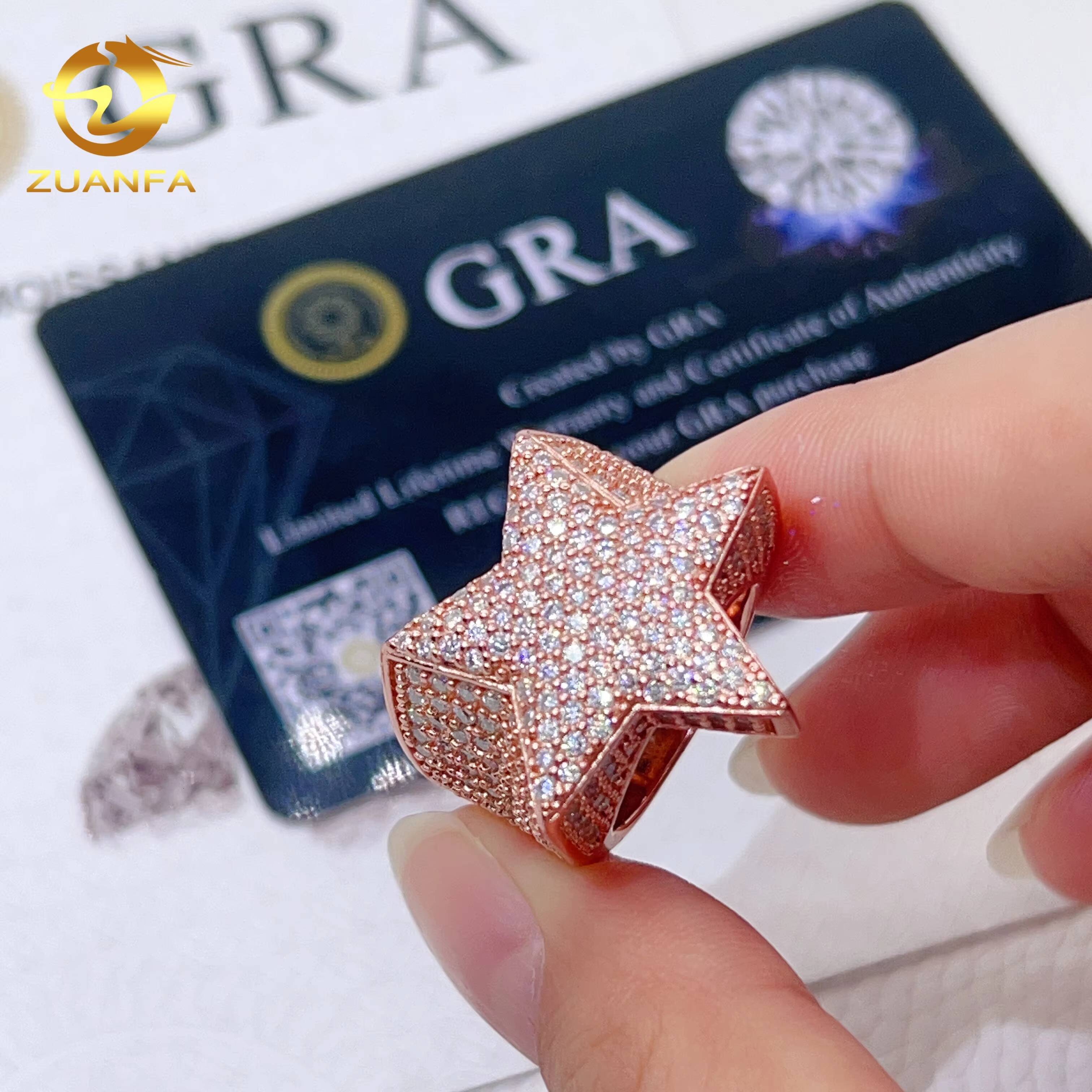 Sterling Silver 925 D Color VVS Moissanie Diamond Iced Out Diamond Star Ring