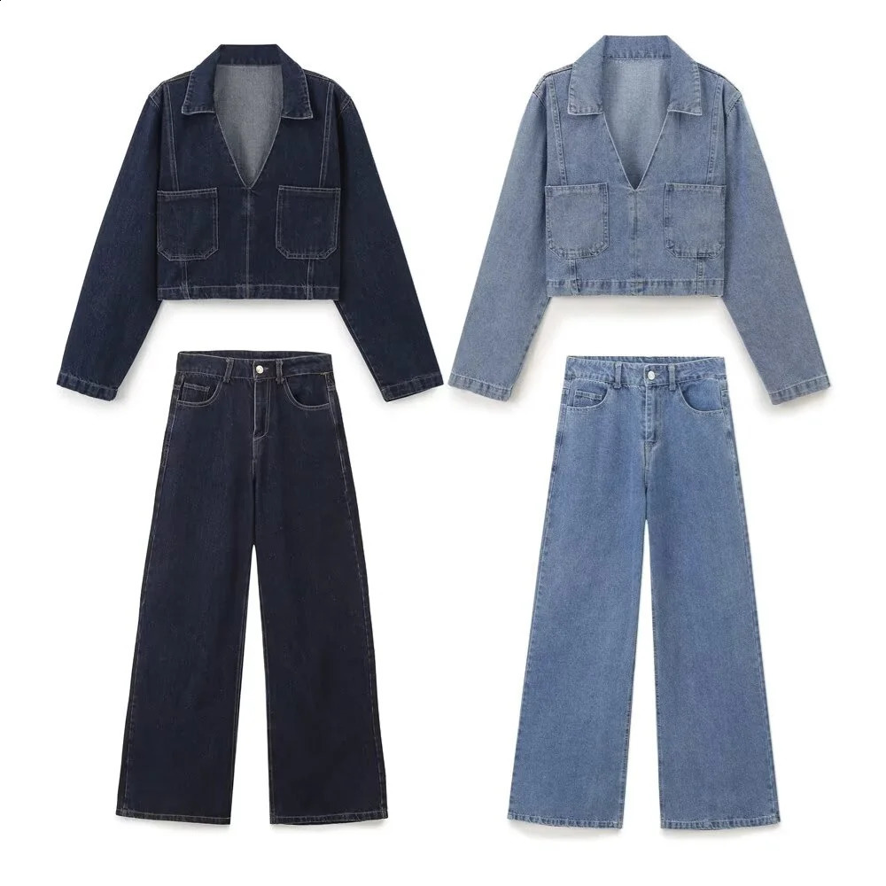 Taop Za Autumn Product Womens Fashion Casual Collar Long Sleeve Short Denim Shirt High Waist Wide Leg Jeans Set 250808