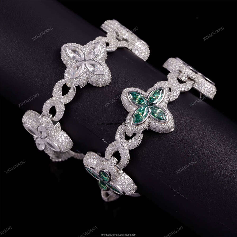 Fine Jewelry New Arrival Design VVS White Green Moissanite Dia Sier Gold Plated Cuban Link Four Clover Bracelet