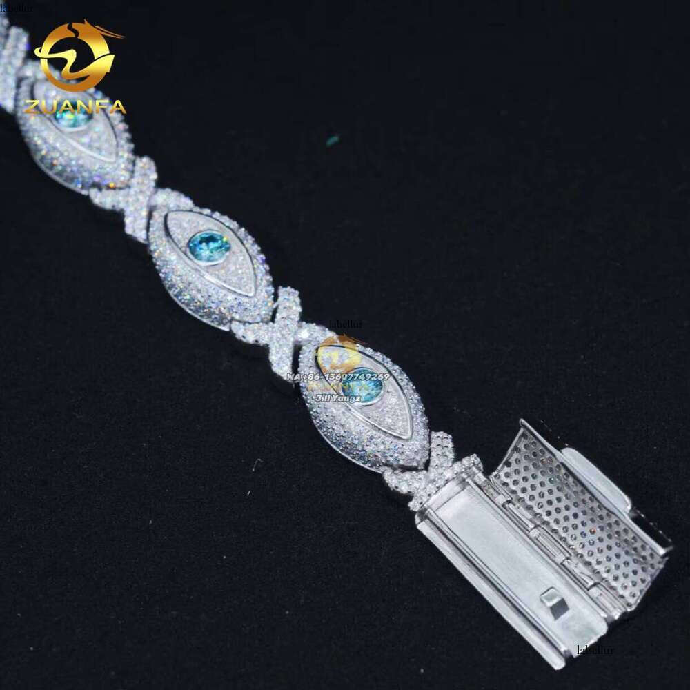 12Mm Fashion Evil Eye Sea Blue Fancy Jewelry Unlimited Moissanite Cuban Chain Bracelet