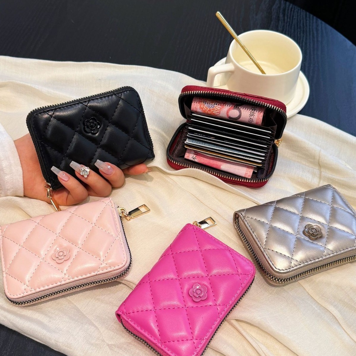 Soft Sheepskin Designer Bag Coin Purse Luxury Bag Small Card Holder Women's Embroidered Quilted Zipper Card Case Cross-border New Camellia Clutch