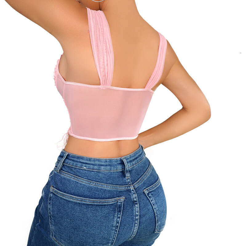 Summer Pink Pure Desire Style Sweet and Spicy for Women V-neck Niche Mesh Underwire Drawstring 3D Embroidery Wide Shoulder Tank Top