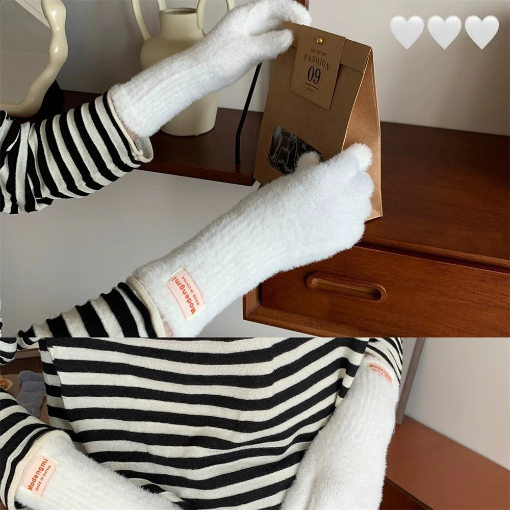 Winter Solid Color Mink Gloves Womens Soft Plush Warm Knitted Full Finger Gloves Outdoor Touch Screen Riding Mittens 250807