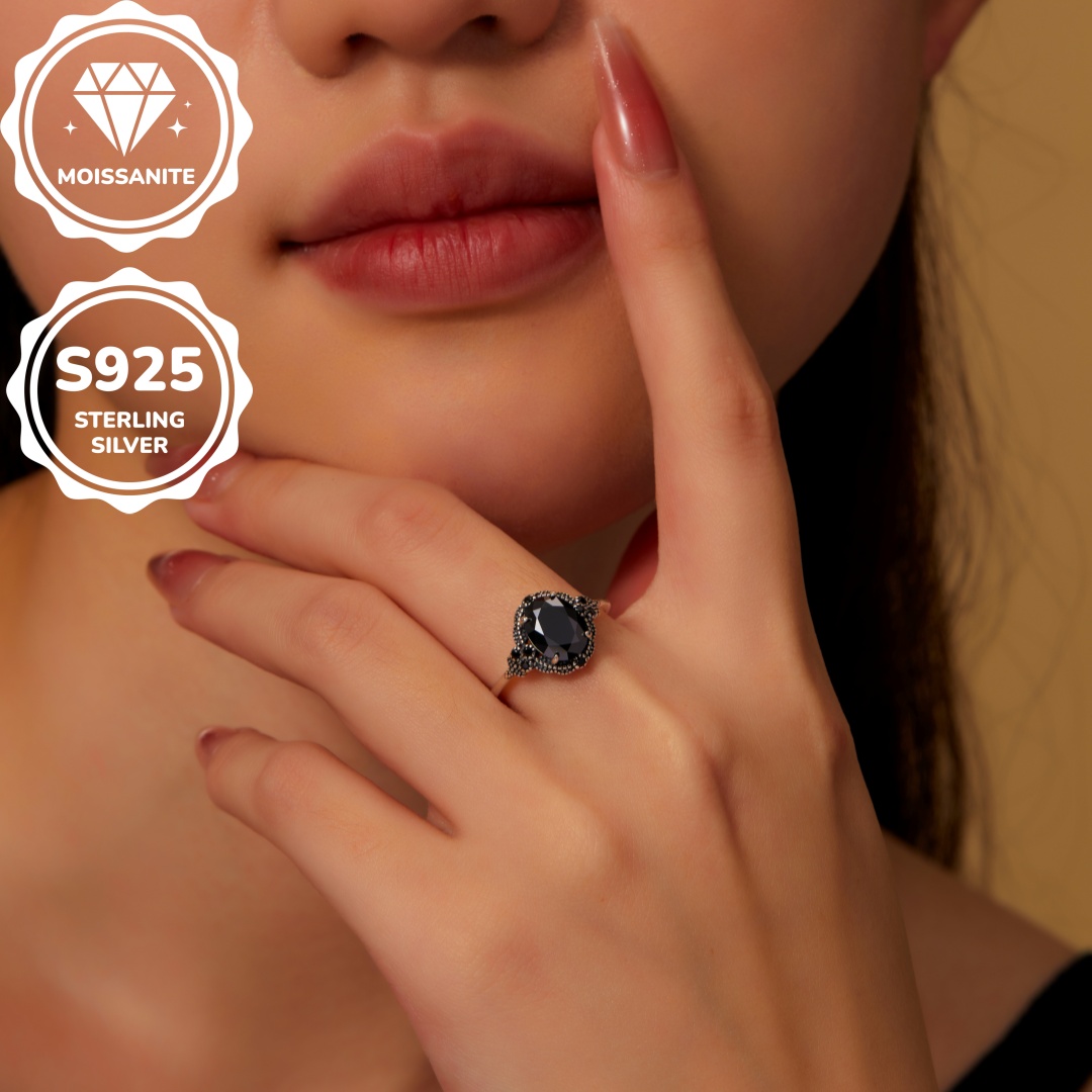 MT Vintage 2ct Oval Black Moissanite Ring for Women and Men -October Birthstone-925 Sterling Silver Art Deco Bridal Wedding Promise Ring for Her Hallo