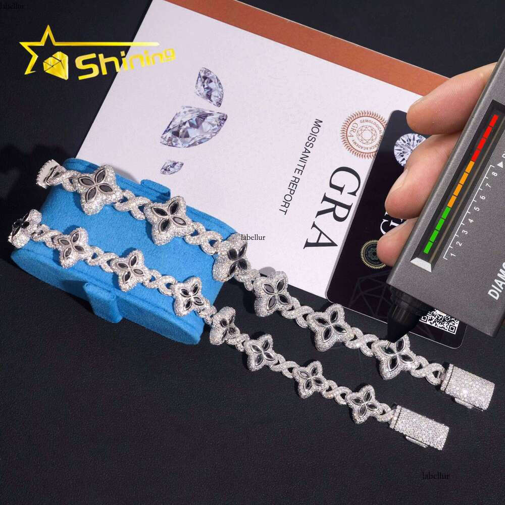 Hot Sale 15mm 18mm Black Color Clover Hip Hop Jewelry Sier Iced Out Infinity Moissanite Cuban Bracelet