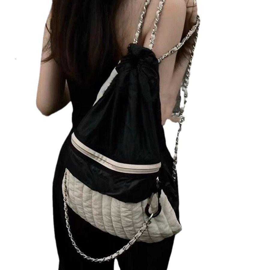 jennie Same Style Color-Block Black and White 2025 Casual Chain Nylon Backpack ddmymoon