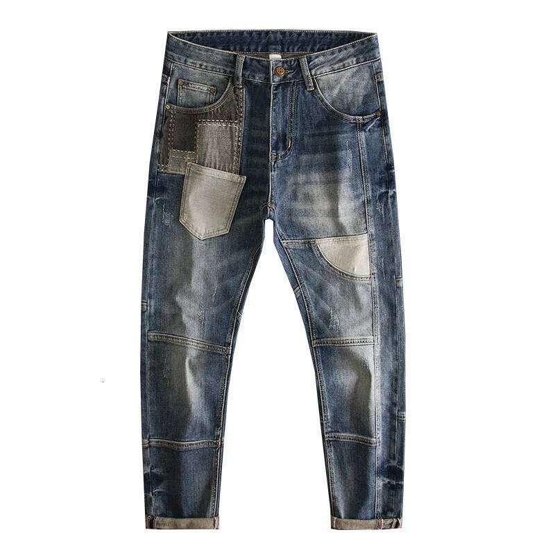 Trendy brand patchwork jeans for men, slim fit small straight tube elastic retro patch personalized trendy pants