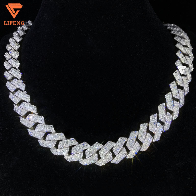 New 18mm Baguette Diamond Platinum Plated Cuban Chain 925 Sterling Silver Iced Out VVS Moissanite Necklace Hip Hop Custom Chain