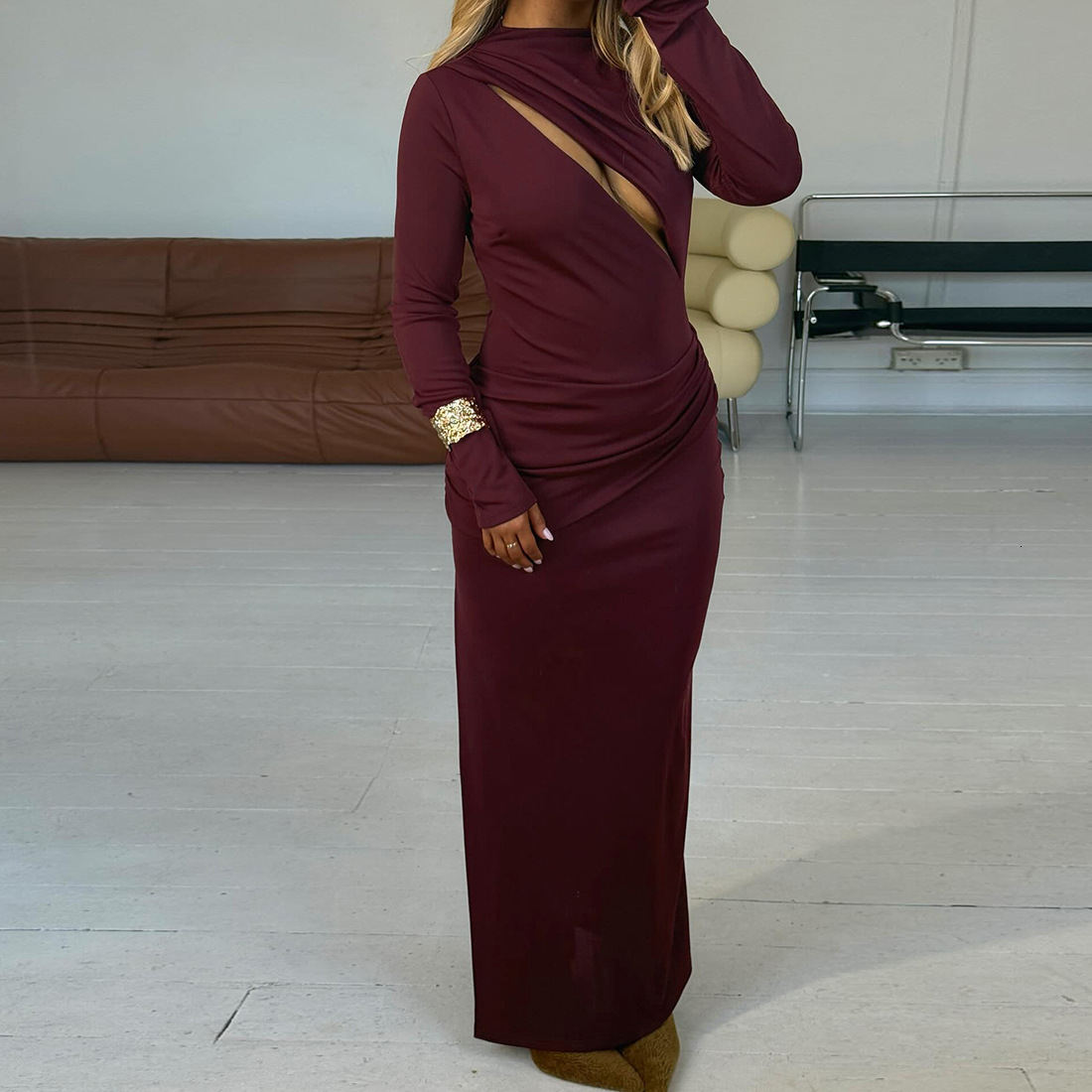 2025 Autumn New Womens Solid Color Sexy Slim Long Dress Ruched Bodycon Long Sleeve Dress