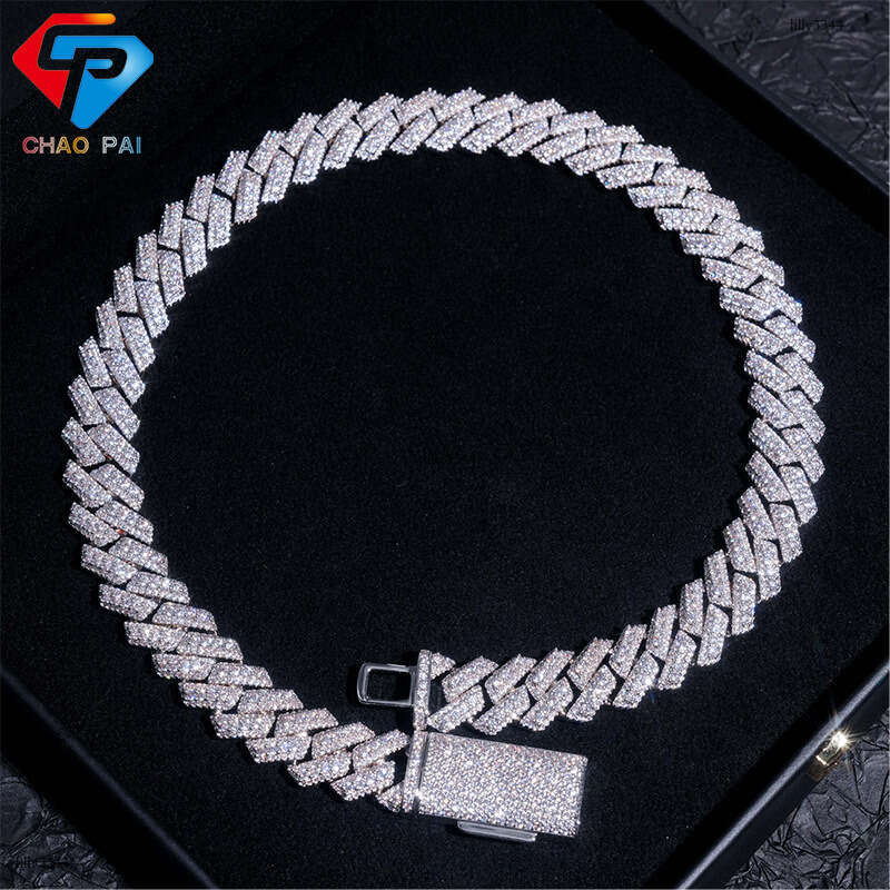 INS Sterling Silver Inlaid Moissanite chain Cuban Chain 15mm Hip Hop Trendy Brand Jewelry Men and Women Bracelet Necklace