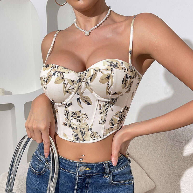 Sexy Floral Crop Printed Vest Fishbone Bra Bandage Slim Fit Tube Top