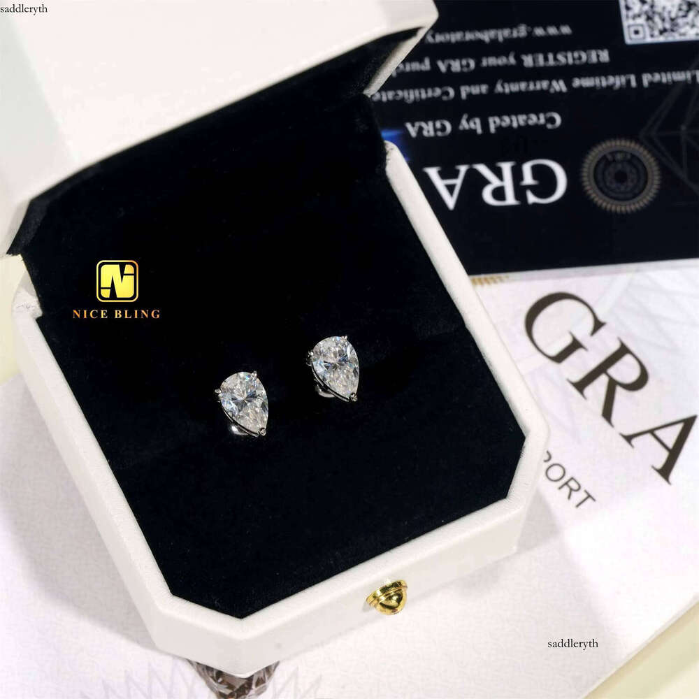Wholesale Price Solitaire Earrings Hip Hop Sier Jewelry VVS D Color Pear Cut Moissanite Dia Ear Studs for Men Women