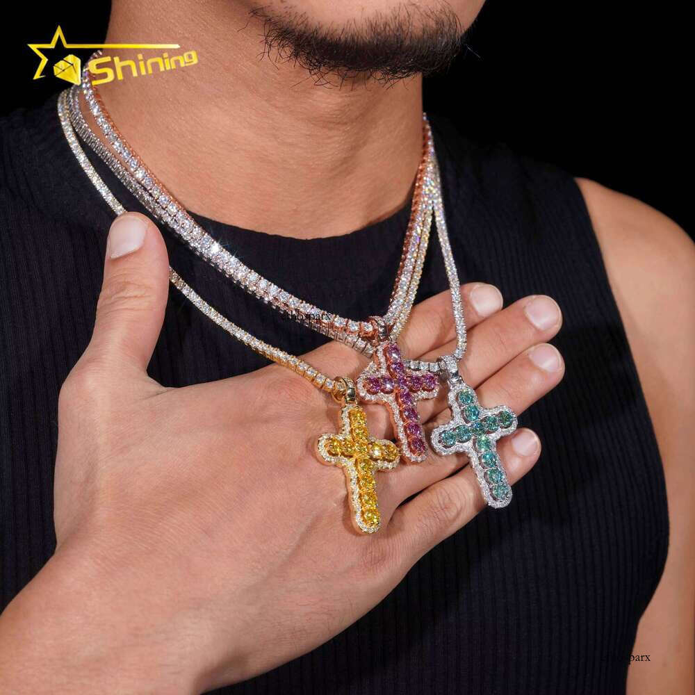 New Fashion Jewelry Gold-Plated Sier Cross Necklace Iced Colorful Chrysolite Charm Pendant
