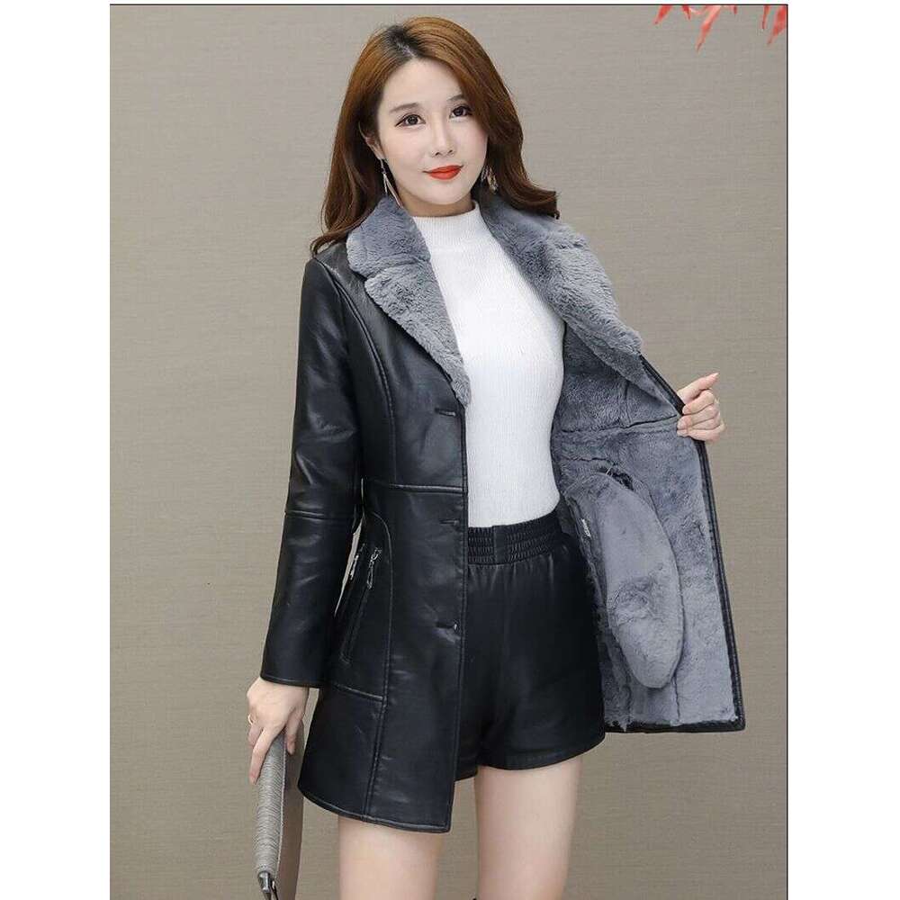 Women's Clothing Autumn And Winter Leather Plus Veet Thickened Mid Length Korean Version New Temperament Slim Fit Waist Pu Jacket Trendy