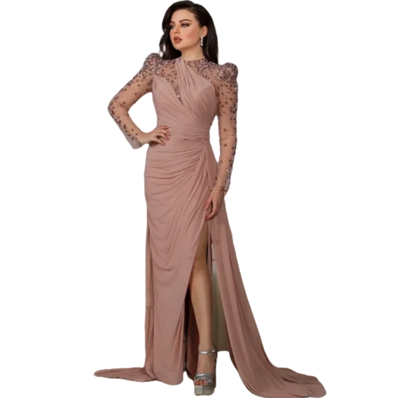 Crystals Beaded Elegant Evening Dresses Dusty Pink Long Sleeves Prom Gowns Side Slit Formal Party Dress For Women 2025