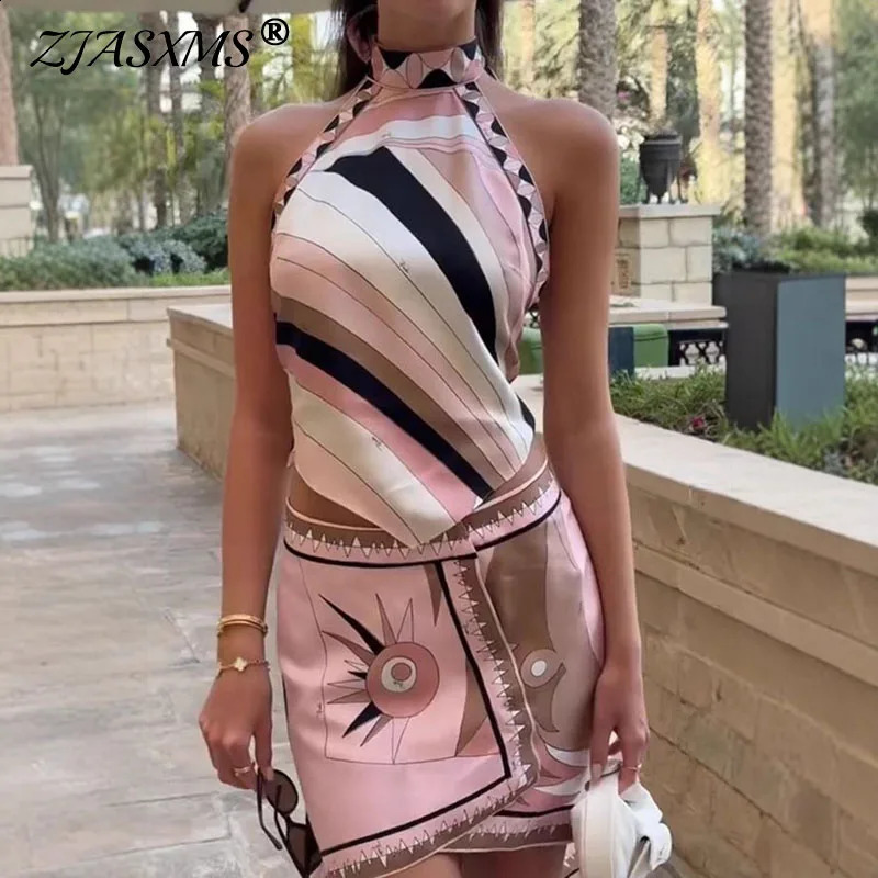 2025 Spring Geometric Print Satin Outfits Woman Sexy Halter Lace-up Backless Top Mini Skirt Sets Summer Hollow Irregular Suits 250808
