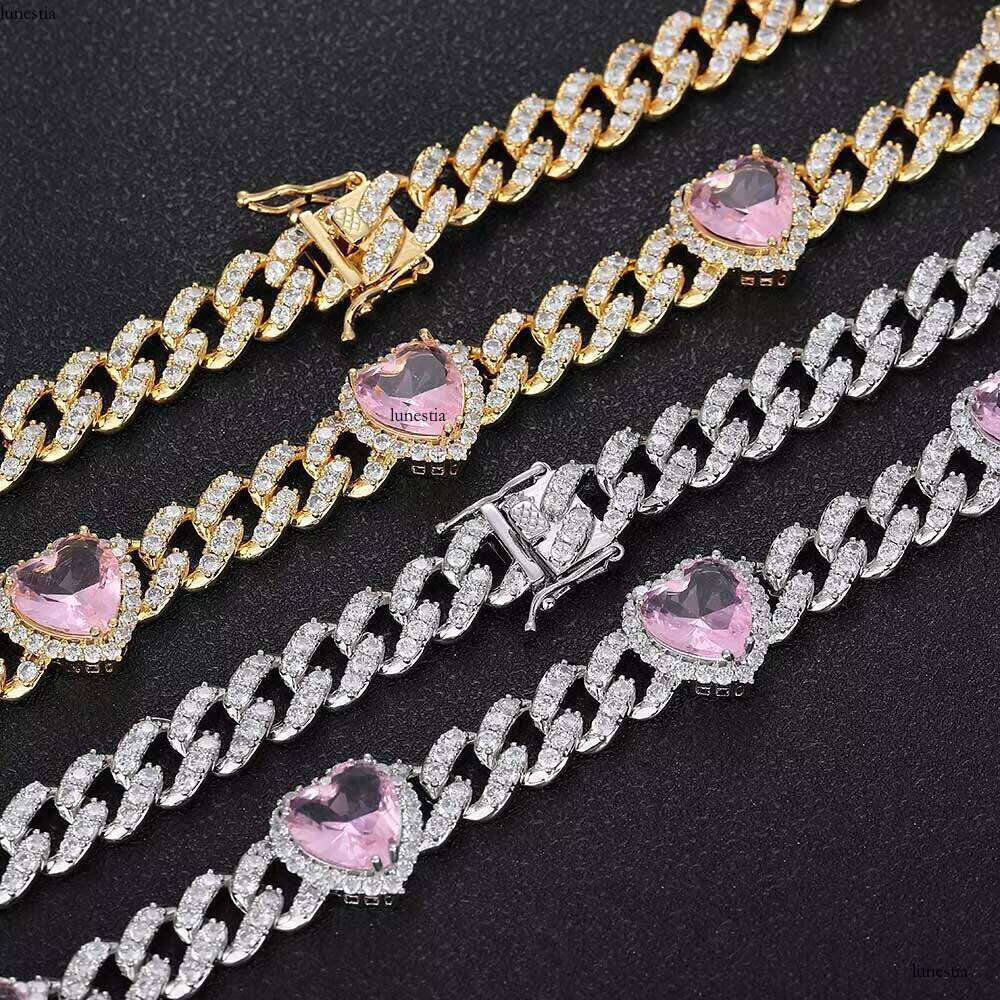 NUOYA Iced Out 10mm Pink Heart CZ Sier Cuban Hip Hop Single Row Prong Link Chain Bracelet for Women