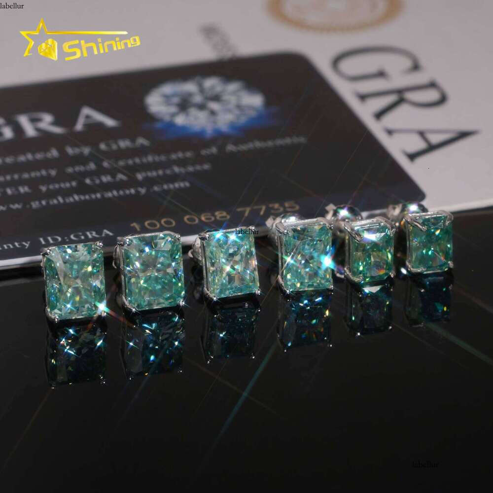 Fashion Jewelry Color Dia Blue Green Sier Screw Back Radiant Cut Moissanite Stud Earrings