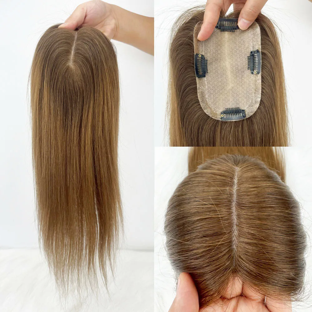 Light Brown Ombre Virgin Hair Women Topper Injected Silicone Skin Base Toupee 9x14cm Clip In Human Hair Topper Silk Bas PU Around or no pu