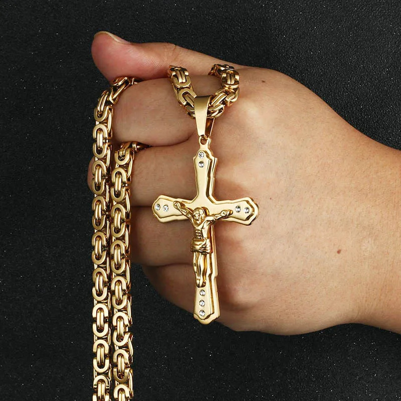 Ancient Men Stainless Steel Crystal Jesus Christ Holy Crucifix Cross Pendant Necklace Byzantine Chain Necklaces Jewelry Gifts 250805