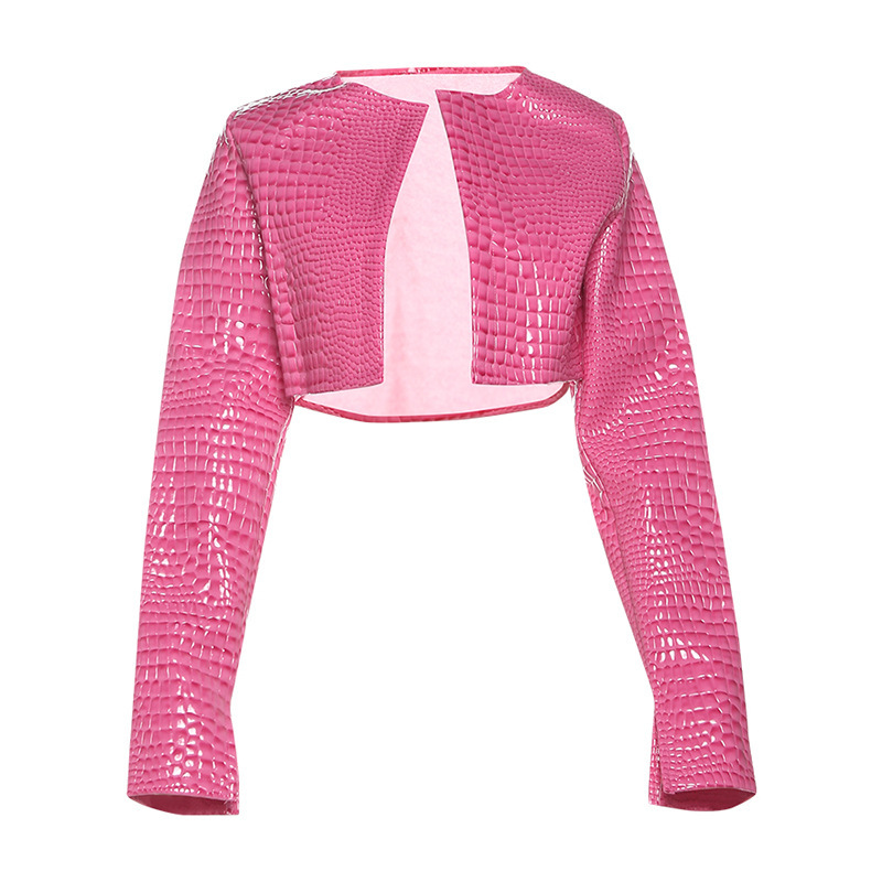 2024 autumn and winter new personalized spicy girl slim fit exposed navel short round neck solid color top jacket