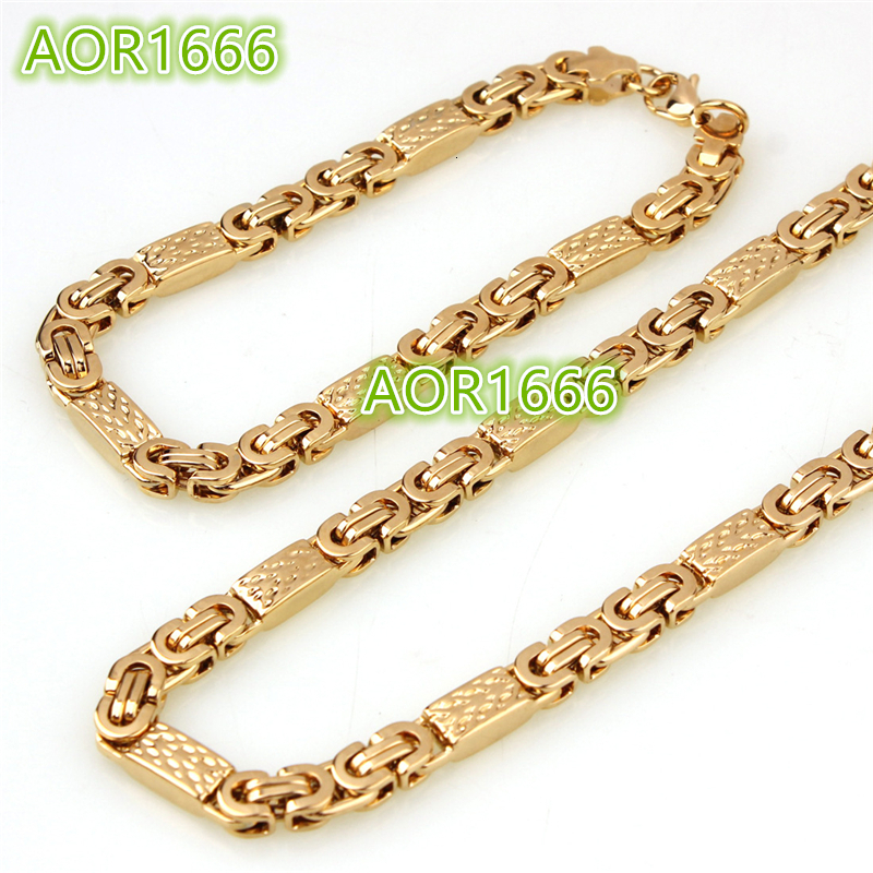 MJ Custom Design Stainless Steel Jewelry Chain Waterproof 18K Gold Plated Byzantine Chain Bracelet and Necklace Set for Men
