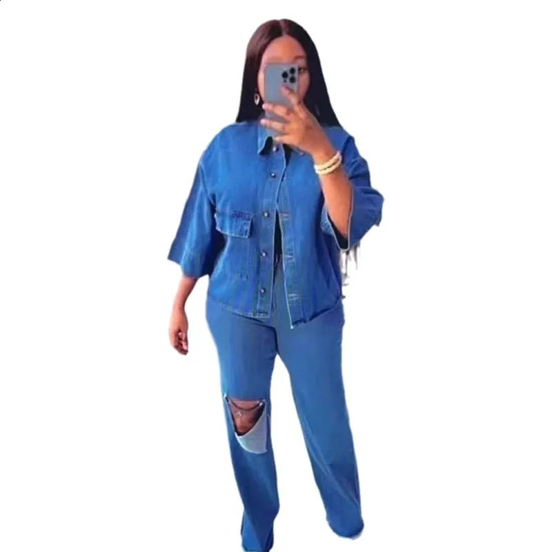 Denim Pant Set Women Two Piece Sets Turn Down Collar Matching Sets Single Breasted Shirt Tops Wide Leg Long Pants High Waist 250808