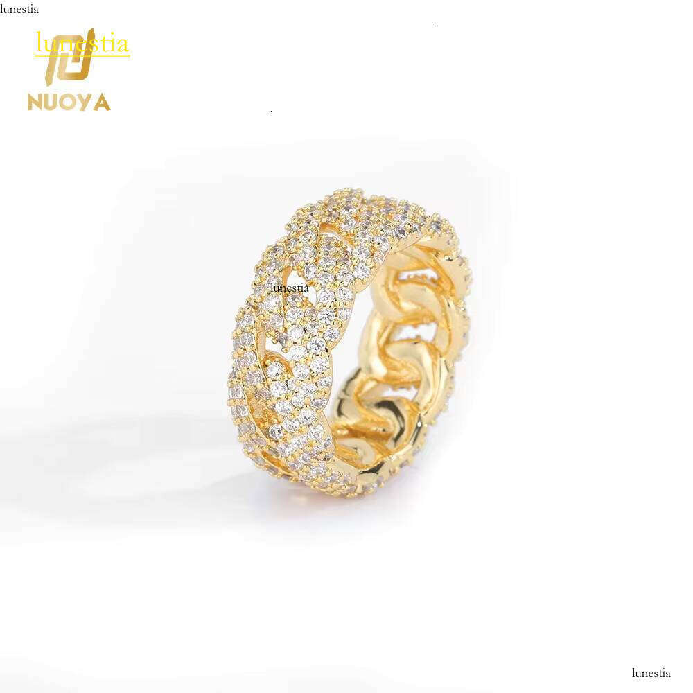 Nuoya Jewelry Hip Hop Lab Dia Finger Full Pave CZ Stone Iced Out Cuban Ring Gift for Men Women