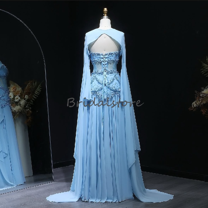 Luxurious Light Blue Prom Dress With Jacket Two Pieces Beaded Chifon Evening Gowns Long Sleeve Corset Birthday Party Dress 2025 Vestio De Fiesta Speci