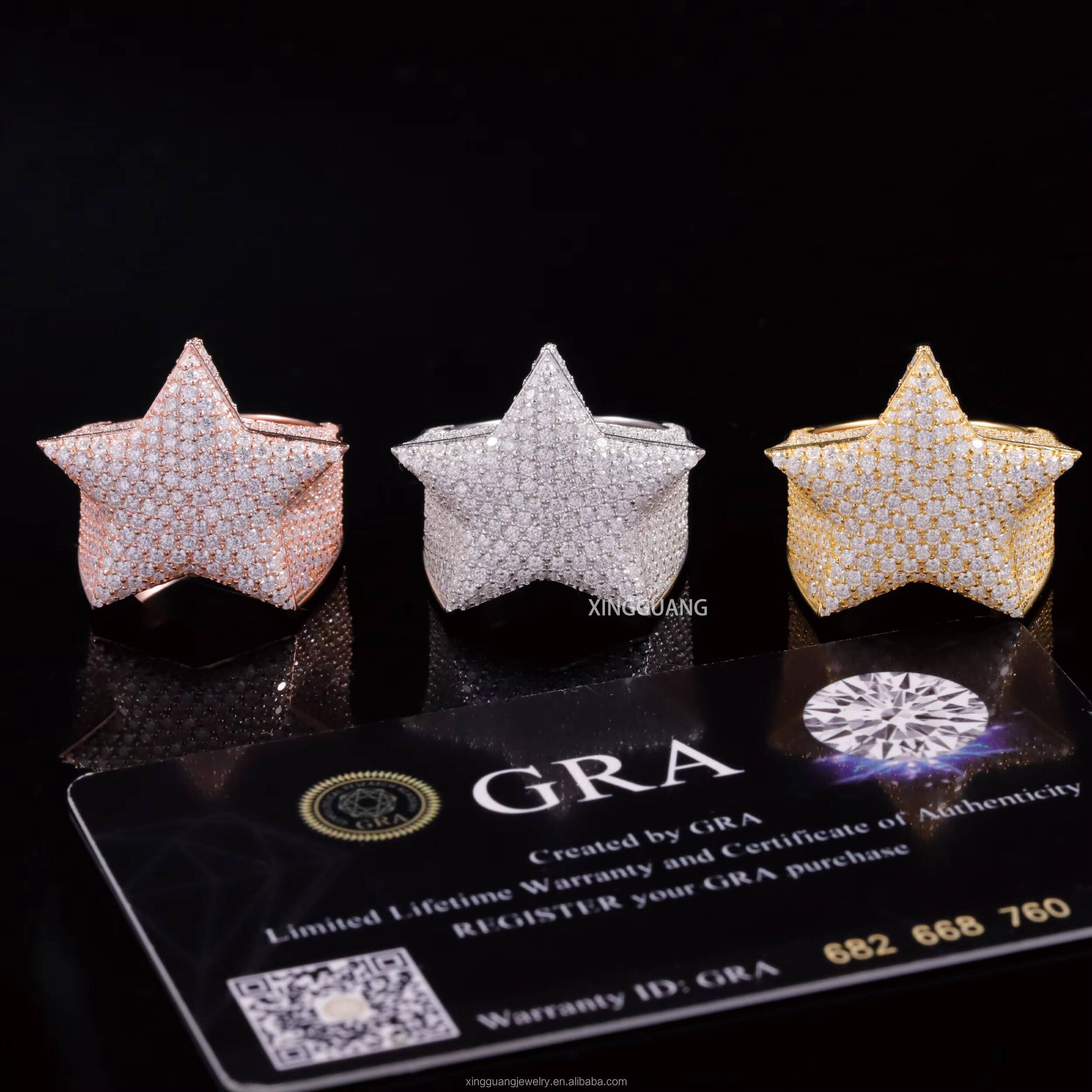 Hot Sale Gold Plated 6#~13# Full Size Lucky Star Ring Ice Out Moissanite Hip Hop Style Cuban 925 Sterling Silver Rings for Men