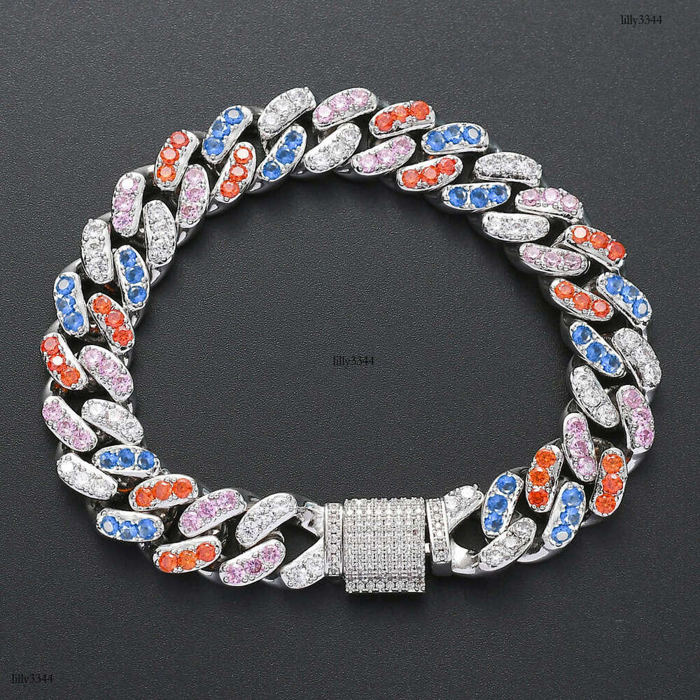 Bracelet 12mm Micro Paved 4 Color Zircon Cuban Chain Men's Hip Hop Trendy Accessories