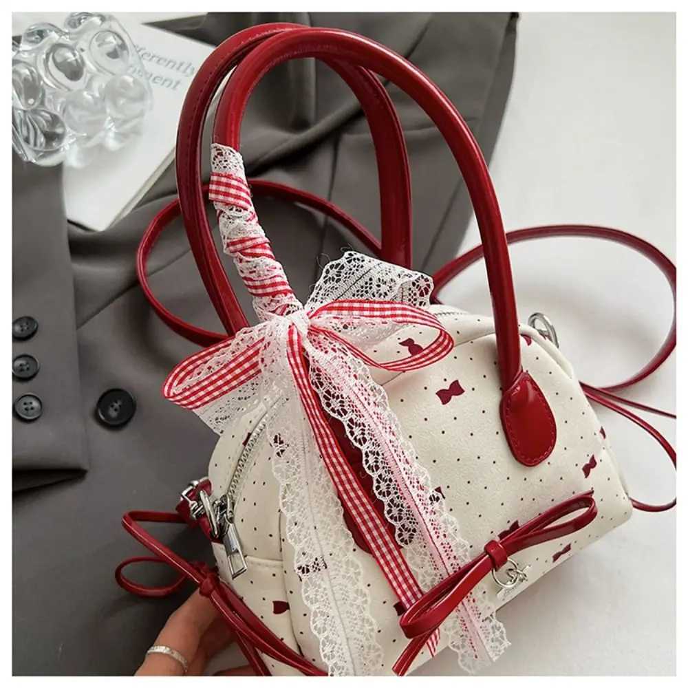 Vintage French Style Bow Ribbons Bowling Bag Elegant Large Capacity Boston Shoulder Bag Casual Lace Ribbon Women Handbags Travel Z250809