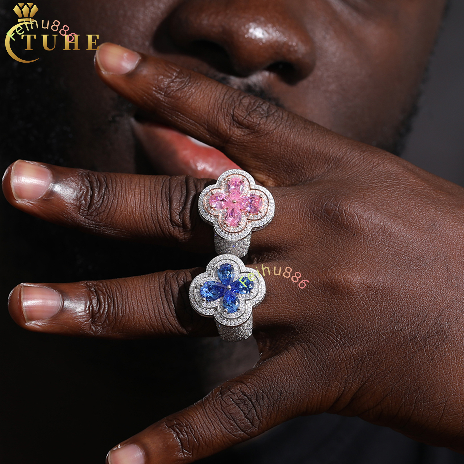 Luxury Wedding Jewelry Couple Lucky Clover Ring 925 Sterling Silver Pink Water Drop VVS Moissanite Diamond Iced Out Cross Ring
