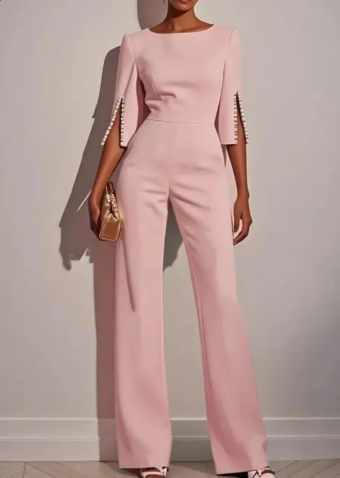 Female Elegant Long Jumpsuits 2025 Selling Spring Summer Solid High Waist Beaded Decor Slim Jumpsuit for Womens Clothing 250731