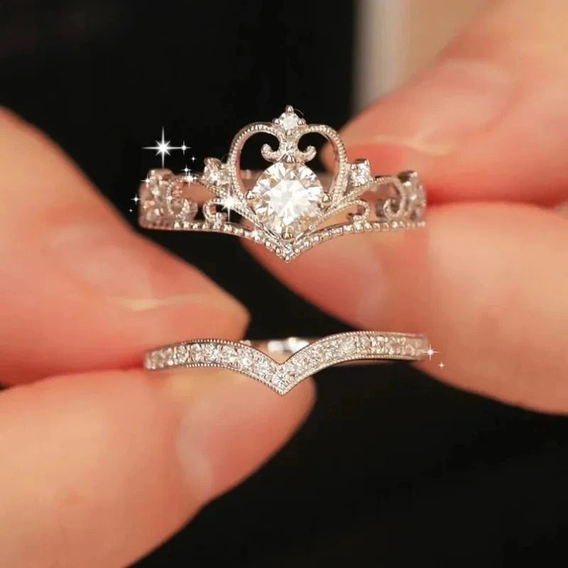 2pcs Lovers Crown Rings For Woman And Man Adjustable Cubic Zirconia Engagement And Wedding Queen Couple Ring Set Jewelry 250805