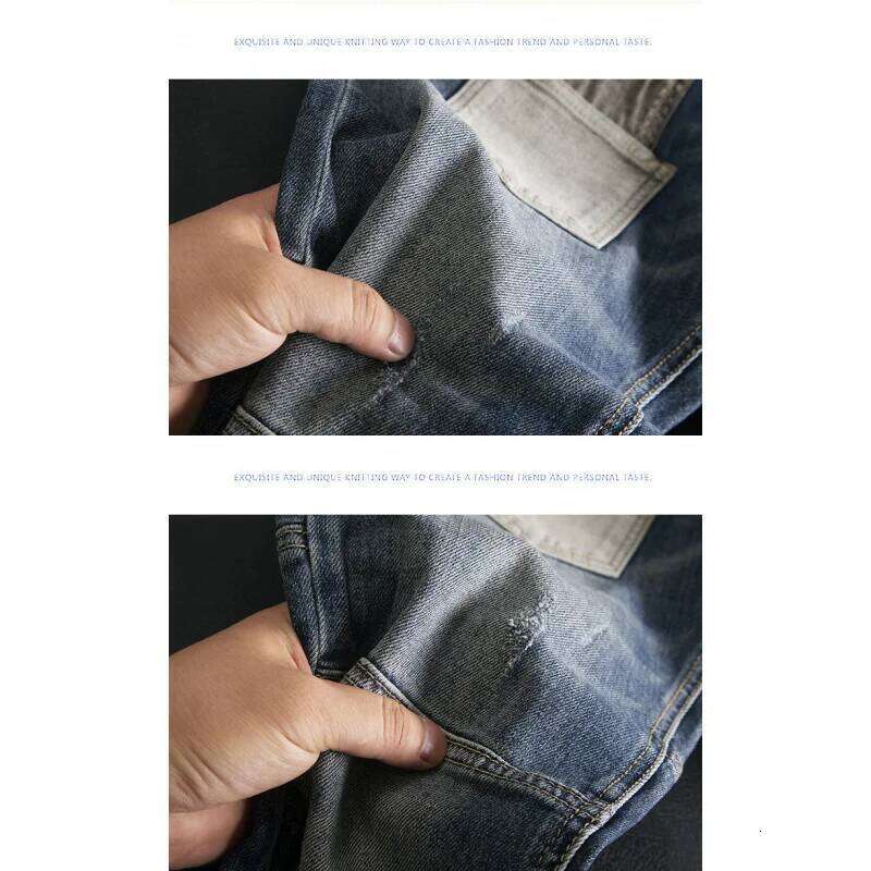 Trendy brand patchwork jeans for men, slim fit small straight tube elastic retro patch personalized trendy pants
