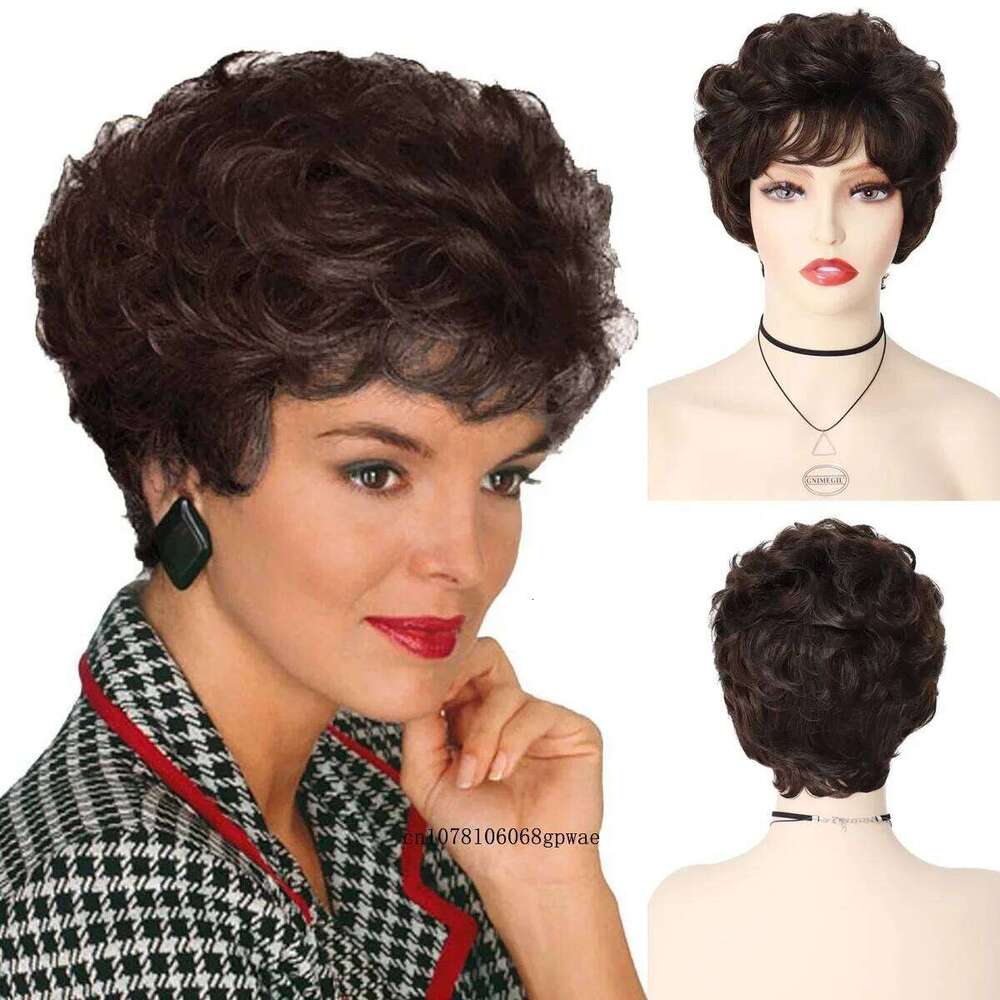 Women's Short Curly Hair Dark Brown Wigs with Bangs Natural Daily Fluffy Hairstyle Grandma Mommy Gift Wig Cosplay Party Use