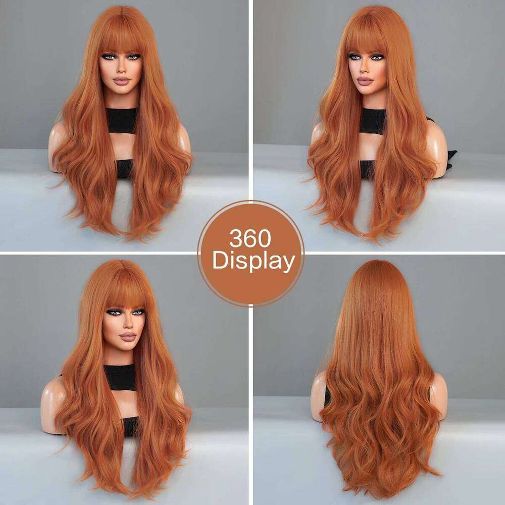 Long Orange Wig for Women Daily Party High Density Synthetic Loose Body Wavy Ginger Hair Wigs with Bangs Halloween Cosplay