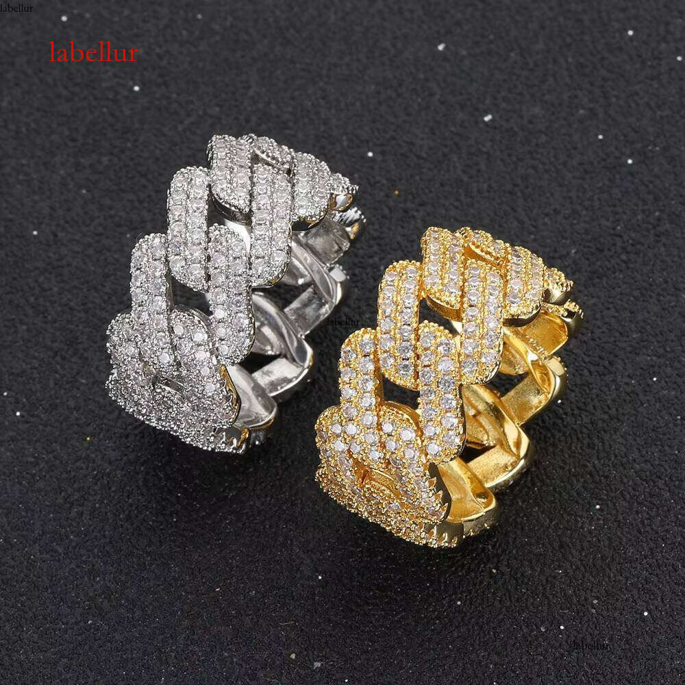 Trendy Hip Hop Men Dia Ring Gold Plated Bling Cubic Zircon Iced Out Cuban Chain Rings