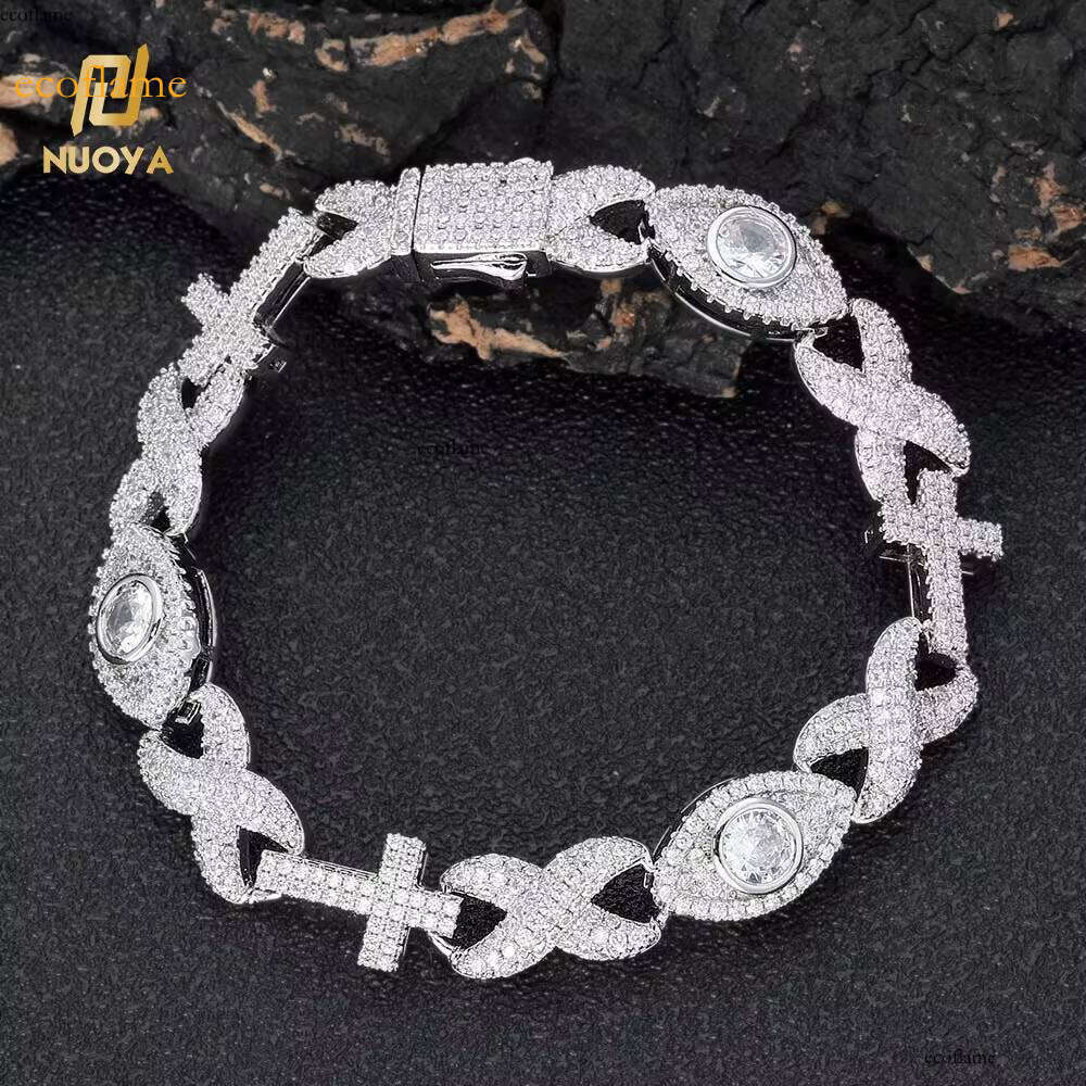 NUOYA Unisex 10mm Iced Dia Bracelet Eye Design Gold Plated Cross Cuban Link Chain Hip Hop Jewelry Men Women Gift