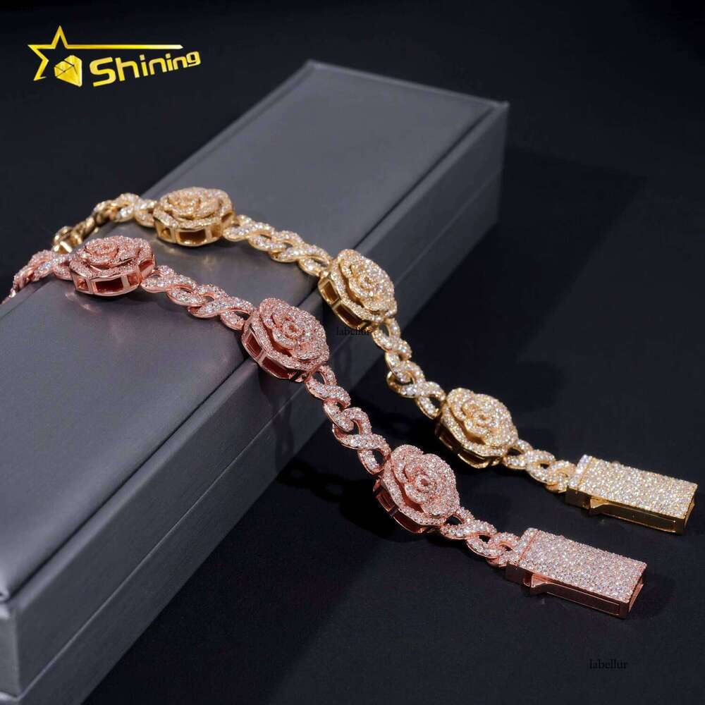Romantic Rose 3D Gold Plated Iced 16Mm Sterling Sier Hip Hop Unlimited Chain Bracelet