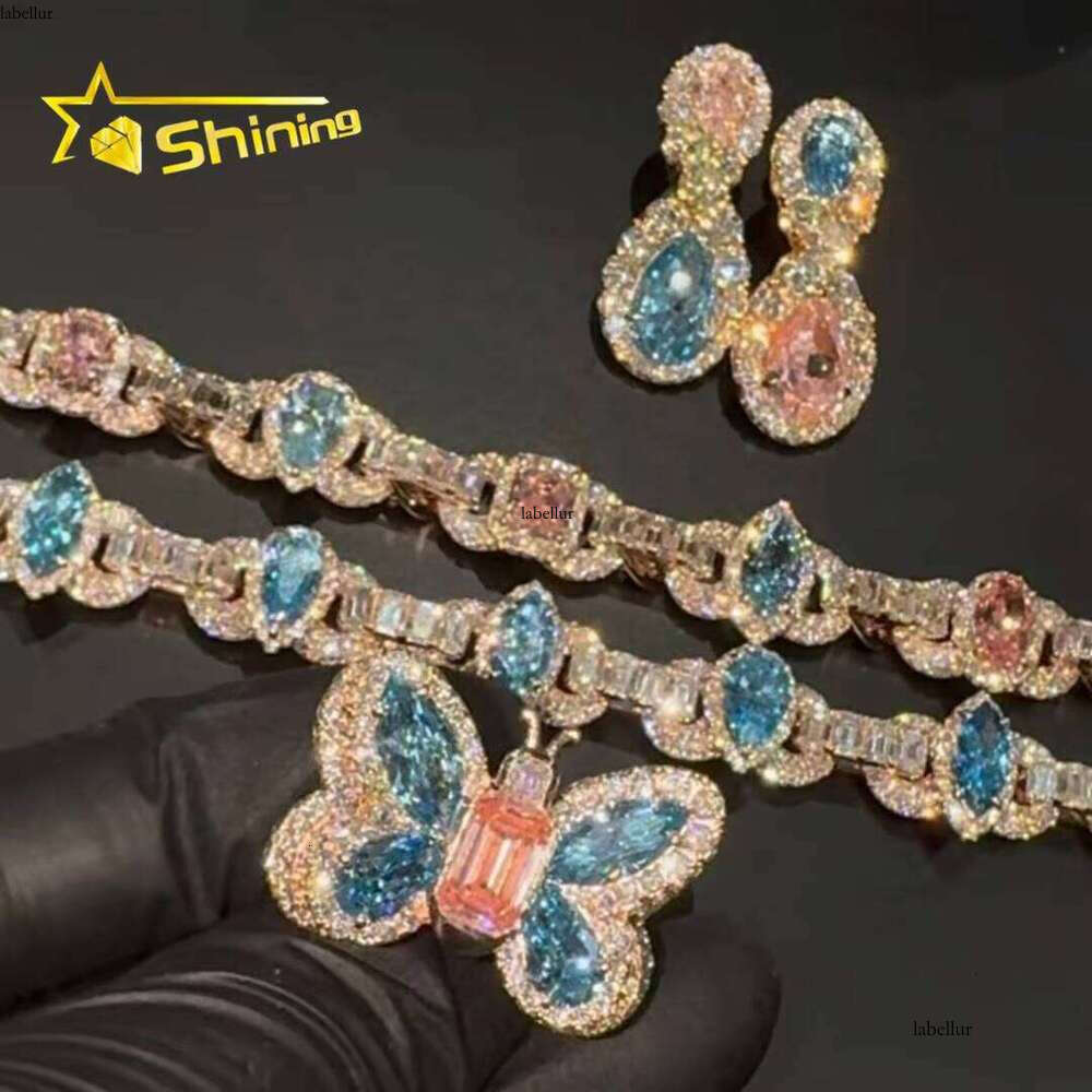 Iced Out Custom Multi-Colored Simulated Gemstones Butterfly Set Ring Bracelet Earrings Pendant Necklace Fashion Jewelry