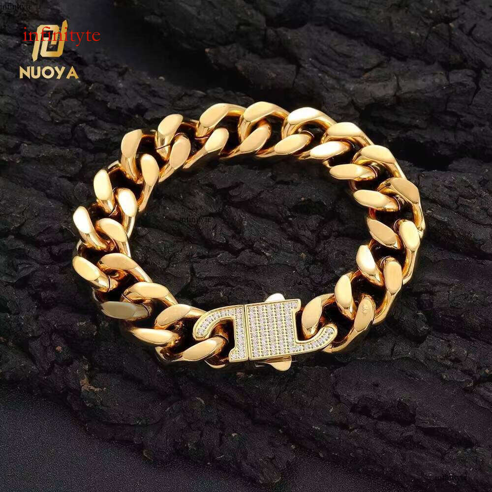 Hip Hop Jewelry High Polish Miami Link Iced Out Clasp Gold Plated Stainless Steel Cuban Bracelet for Men