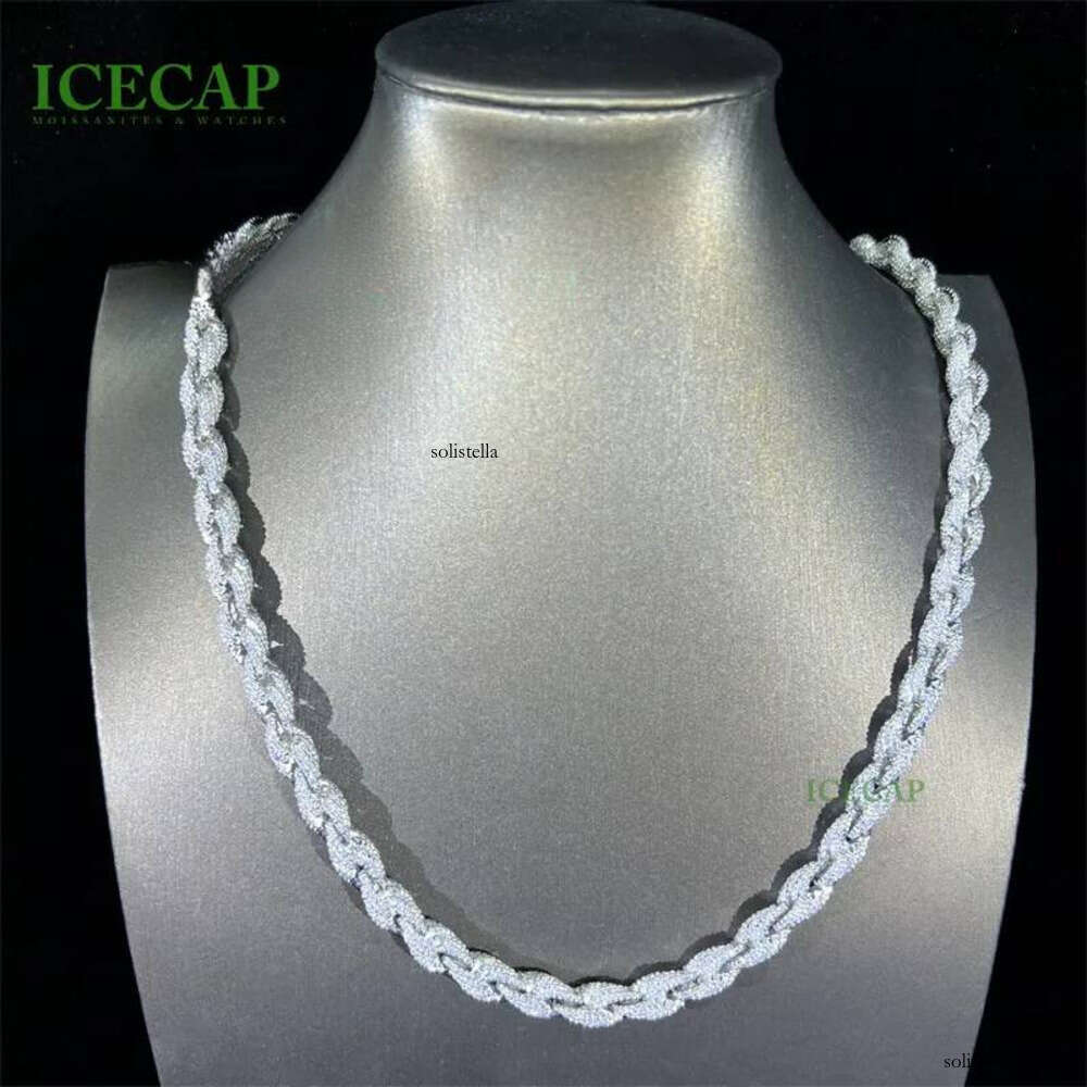 Sier Jewelry 8mm Rope Chain Ice Out Hiphop Men White Gold Color Moissanite Necklace